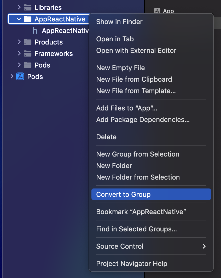 The menu that appears when user right clicks on the generated framework folder